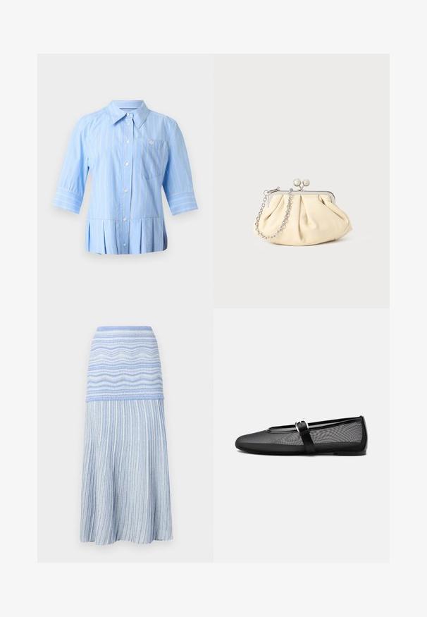 Chemise bleu clair boutonnée avec rayures verticales blanches, manches trois-quarts, col pointu, poche poitrine et ourlet plissé.; Jupe midi en maille avec une ceinture texturée ondulée ajustée et une jupe évasée côtelée à rayures verticales dans des tons bleu clair et blanc.; Ballerine noire en mesh avec bout rond et bride Mary Jane réglable avec boucle argentée, sur un fond gris clair uni.; Pochette en cuir beige plissé avec un cadre en métal argenté, dotée de deux fermoirs ronds décoratifs et d'une chaîne en argent.