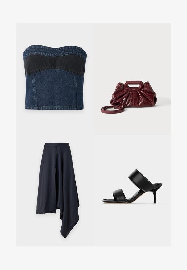 Denim strapless top met een donkerblauw ontwerp en een zwarte paneel over het bovenste gedeelte, een gladde textuur en een gebogen halslijn.; Marineblauwe satijnen midi-rok met een asymmetrische zoom, voorzien van een gladde textuur en subtiele draping. Aansluitende tailleband zonder zichtbare sluitingen.; Zwarte leren mule sandaal met twee brede banden en een slanke, middelhoog stilettohak op een effen lichte achtergrond.; Kleine donkerrode leren handtas met geplooide textuur, rechthoekig handvat met uitsparing en afneembare schouderriem tegen een witte achtergrond.