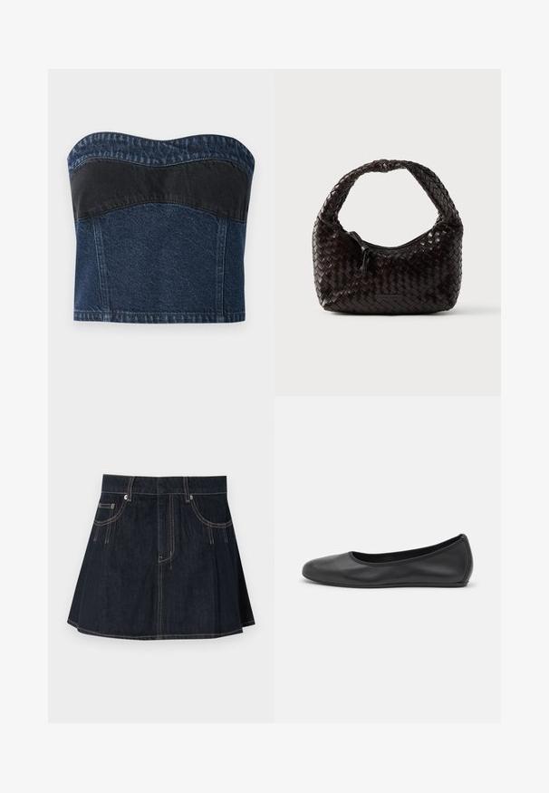 Denim strapless top met een donkerblauw ontwerp en een zwarte paneel over het bovenste gedeelte, een gladde textuur en een gebogen halslijn.; Denim rok in donkerblauw, met een uitlopende uitstraling, riemlussen, voorzakken en contrasterende stiksels langs de naden.; Zwarte leren ballerina met een ronde neus, gladde textuur, minimale stikdetails en een flexibele zoolontwerp.; Geweven leren handtas in donkerbruin, afgeronde vorm met een dikke gevlochten handgreep. Voorzien van een ritssluiting en subtiele branding aan de zijkant.
