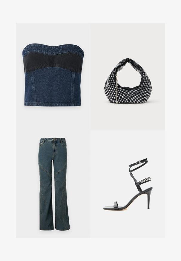 Denim strapless top met een donkerblauw ontwerp en een zwarte paneel over het bovenste gedeelte, een gladde textuur en een gebogen halslijn.; Blauwe denim jeans met een wijdlopende pasvorm, voorzien van gebogen naaddetails en standaard vijf-pocket styling. Ong afgebroken zoom aan de onderkant.; Zwarte sandaal met hoge hak, smalle enkelband, middenvoetband versierd met zilveren schakels en een open teenontwerp.; Zwarte mesh handtas versierd met zilveren studs, met een gebogen handvat en een kettingschouderriem. Zachte textuur met een ronde vorm.