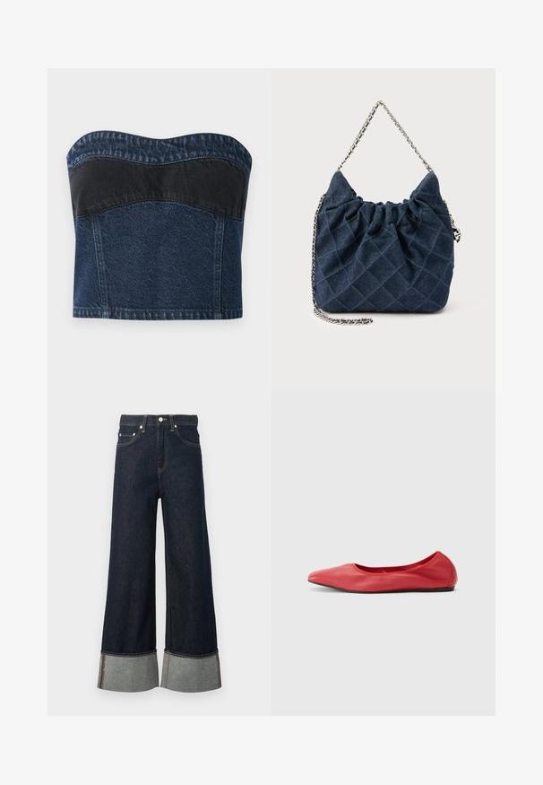 Haut sans bretelles en denim avec un design bleu foncé et un panneau noir sur la partie supérieure, texture lisse et décolleté arrondi.; Jean denim bleu foncé à jambes larges avec revers roulés montrant un tissu intérieur plus clair et une fermeture par bouton argenté.; Filippa K REY FLATS - Ballerines - bright red; Sac à main en tissu matelassé bleu foncé avec dessus froncé et bandoulière chaîne argentée sur un fond uni.