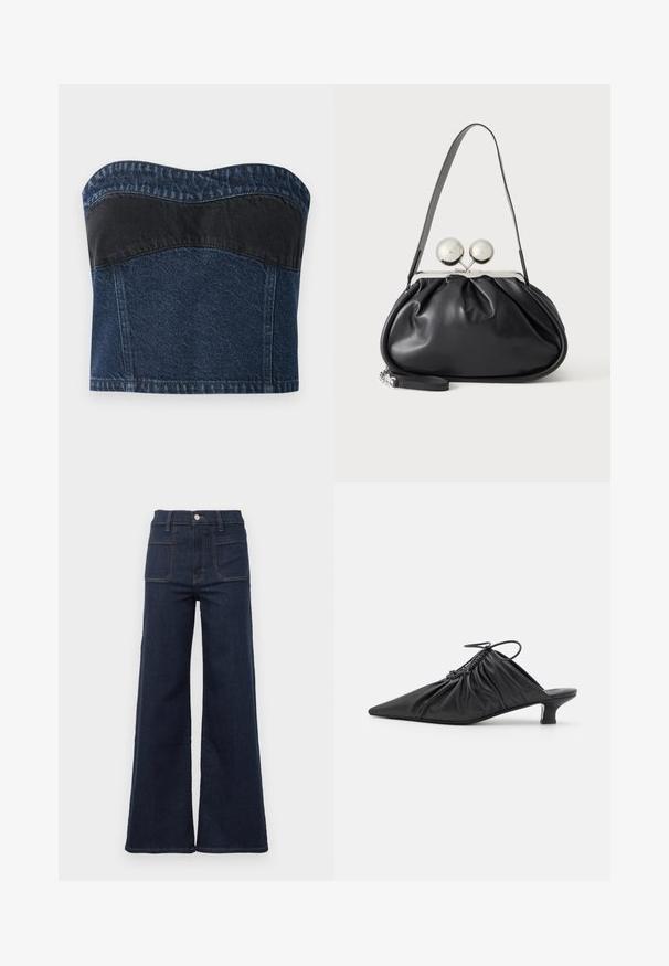 Denim strapless top met een donkerblauw ontwerp en een zwarte paneel over het bovenste gedeelte, een gladde textuur en een gebogen halslijn.; Donkerblauwe uitlopende jeans gemaakt van denim met een hoge taille, voorzien van twee achterzakken en contrasterende stiksels langs de naden.; Zwarte leren instappers met een spitse neus, gegatherde textuur en een kleine kittenhiel. Heeft een trekkoorddetail aan de opening.; Zwarte leren handtas met een geplooid ontwerp, een enkele schouderband, zilverkleurige metalen omlijsting en twee grote ronde zilveren sluitingen.