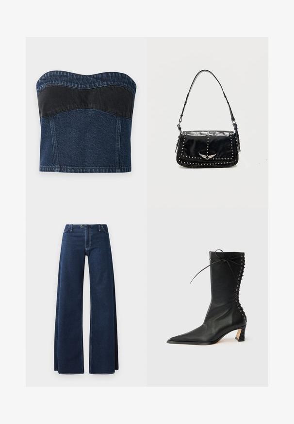 Haut sans bretelles en denim avec un design bleu foncé et un panneau noir sur la partie supérieure, texture lisse et décolleté arrondi.; Jeans en denim large de couleur bleu foncé avec des coutures visibles, des poches avant et une fermeture à bouton. Fabriqué en tissu denim résistant.; Bottine noire en cuir avec bout pointu, talon fin, détail à lacets à l'arrière et œillets métalliques. Texture lisse avec un design élégant.; Sac à épaule en cuir noir avec des clous argentés et un emblème métallique ailé sur le rabat avant sur fond uni.