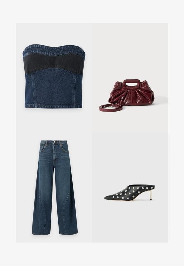 Denim strapless top met een donkerblauw ontwerp en een zwarte paneel over het bovenste gedeelte, een gladde textuur en een gebogen halslijn.; Donkere blauw wijde pijpen denim jeans met voorzakken, riemlussen en een knoopsluiting bij de taille, getoond op een effen achtergrond.; STAND STUDIO KELSEY - Muiltjes met hak - black; Kleine donkerrode leren handtas met geplooide textuur, rechthoekig handvat met uitsparing en afneembare schouderriem tegen een witte achtergrond.