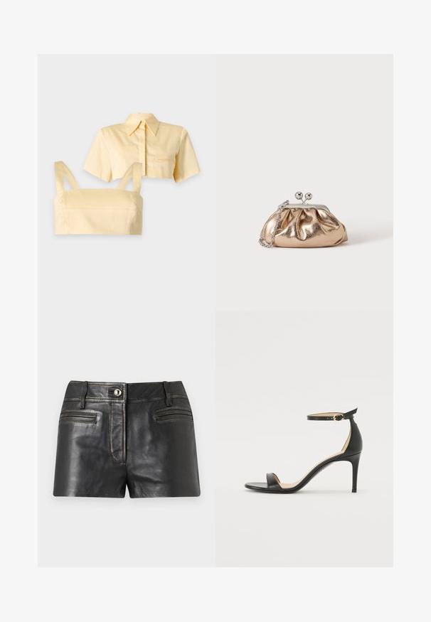 Ensemble haut deux pièces jaune clair avec une chemise courte à manches courtes et col, et un débardeur court assorti avec bretelles.; Shorts en cuir noir avec bouton frontal, passants de ceinture et deux poches frontales horizontales sur un fond gris clair.; Sandale à talons hauts en cuir noir avec une lanière de cheville. Présente une texture lisse, un bout ouvert et un talon fin. Détail de boucle en ton doré.; Petit sac pochette métallique dorée avec fermoir argenté et chaîne sur un fond clair uni.
