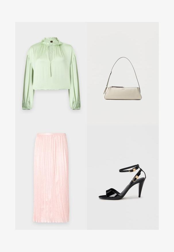 Blouse vert clair à manches longues avec col montant à volants et fermeture par lien, poignets froncés et tissu lisse légèrement brillant.; Jupe midi plissée en rose doux, avec une texture lisse et une taille élastique. Conçue avec des plis verticaux pour un aspect fluide.; Sandale à talon haut en cuir verni noir avec double bride de cheville et boucles dorées, bout ouvert, et talon effilé sur fond neutre.; Petit sac à épaule en cuir beige avec une fine bandoulière et une fermeture éclair, orné d'un logo métallique discret au centre avant.