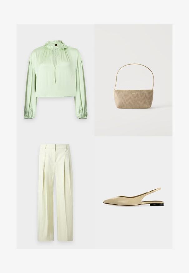 Blouse vert clair à manches longues avec col montant à volants et fermeture par lien, poignets froncés et tissu lisse légèrement brillant.; Pantalon ample couleur crème avec fines rayures verticales, plis à l'avant, poches latérales, et passants pour ceinture.; Chaussure plate beige à bout pointu avec bride arrière, petit talon noir et finition en cuir lisse, vue de côté sur un fond uni.; Sac à main tissé beige avec fine bandoulière et petit logo doré "BOSS" à l'avant, présenté sur fond blanc uni.