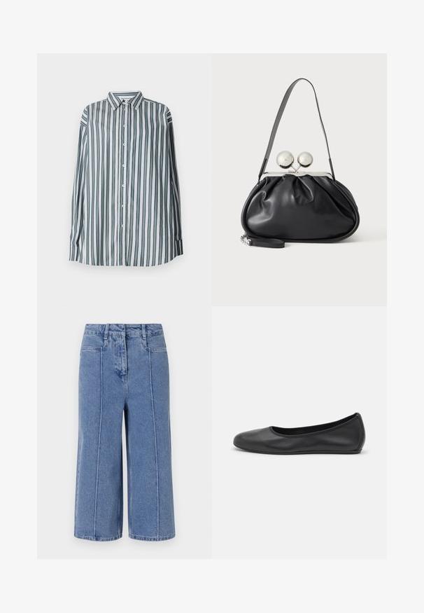 Stribet skjorte i grøn, hvid og grå. Har lange ærmer, en klassisk krave og en løs pasform. Lavet af letvægtsstof.; Lys blå denim culotter med vid benedesign, der har for- og baglommker samt særlige søm på siderne.; Sort læderballetsko med rund tå, glat tekstur, minimal syning og et fleksibelt såldesign.; Sort læderhåndtaske med opsamlet design, en enkelt rem, sølv metalramme og to store runde sølv lukninger.