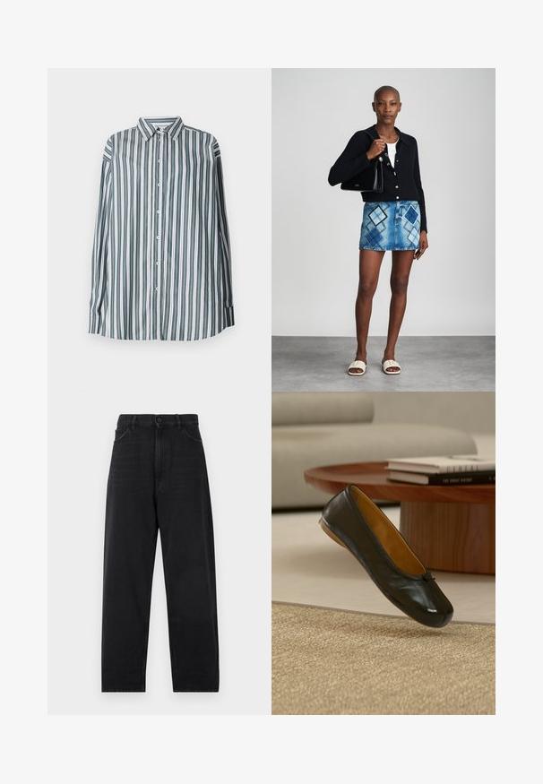 Chemise à boutons rayée en vert, blanc et gris. Présente des manches longues, un col classique et une coupe ample. Réalisée en tissu léger.; Jean en denim noir avec une taille haute, coupe droite, fermeture à bouton et style classique à cinq poches. Texture lisse avec des coutures discrètes.; Chaussure ballerine plate en cuir noir avec petit détail nœud, flottant au-dessus d'un tapis beige tissé dans un salon avec une table basse en bois et des livres.; Un cardigan en maille noir, un haut blanc, une jupe en denim avec un motif de diamants bleus et noirs, un sac à main noir et des sandales à enfiler beiges.