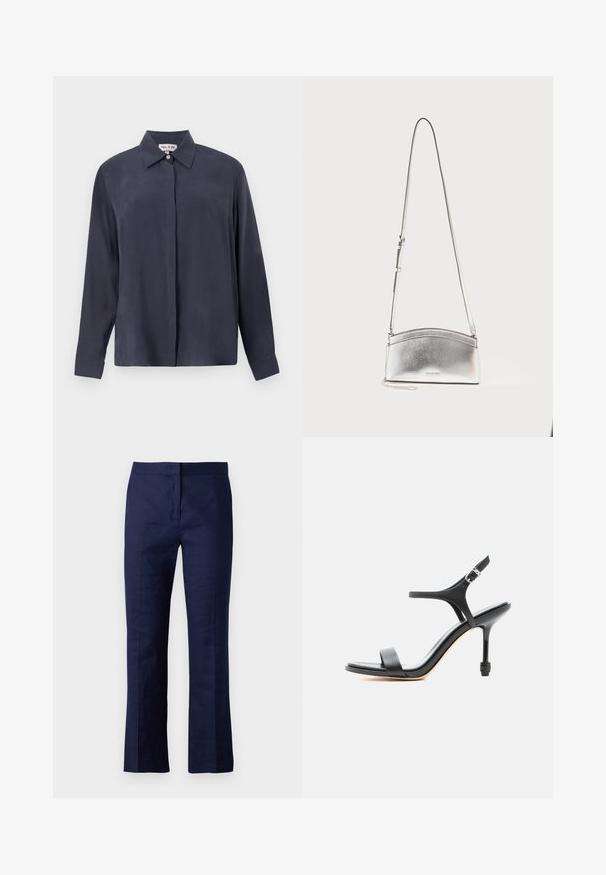 Chemise à manches longues bleu marine foncé en tissu lisse, avec un col classique et une ouverture à boutons à l'avant. Coupe décontractée avec des manches à poignet.; Pantalons ajustés bleu marine en tissu lisse, présentant une coupe droite, des plis avant et une taille ajustée.; Sandale à talon haut en cuir noir avec fines lanières, bout ouvert et boucle réglable à la cheville, présentée sur un fond blanc uni.; Sac bandoulière en métal argenté avec sangle réglable et logo subtil sur le devant, sur fond clair uni.