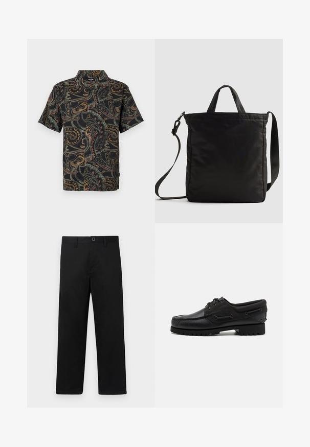 Chemise à manches courtes en tissu noir avec des motifs paisley colorés en rouge, vert et jaune. Col régulier avec fermeture à boutons à l'avant.; Pantalon en coton noir coupe droite, avec une taille standard, des passants de ceinture et une fermeture à un bouton. Texture lisse, sans motifs.; Chaussure noire avec un dessus en cuir, des accents textiles, des lacets ronds et une semelle en caoutchouc texturé. Présente des coutures mocassins et des détails de marque.; Sac en nylon noir avec des poignées courtes et une bandoulière amovible, présentant un design élégant matelassé et des accents de matériel minimalistes.
