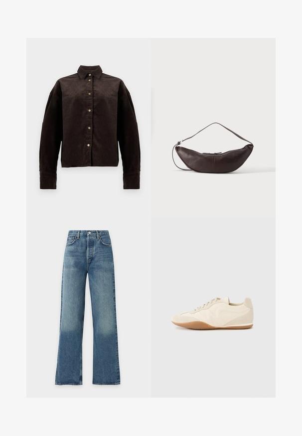 Bruine corduroy overhemd met een kraag, knopen aan de voorkant en lange mouwen. Heeft een gestructureerde stof en een iets oversized pasvorm.; Blauwe denim jeans met rechte pijpen, mid-rise taille, knoop- en ritsluiting en voorzakken, getoond op een effen achtergrond.; Lichtbeige sneakers met een textuur van leer op het bovenwerk, getextureerde zijpanelen en een rubberen zool. Voorzien van een slank, gestroomlijnd ontwerp en platte veters.; Donkerbruine leren schoudertas in halve maan vorm met een gebogen band en zichtbare stiksels op een effen achtergrond.