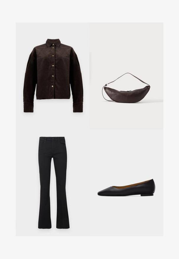 Camisa de pana marrón con cuello de camisa, botones en la parte frontal y mangas largas. Presenta una tela texturizada y un ajuste ligeramente oversize.; Jeans negros acampanados hechos de denim con una textura suave, con cierre de botones, cinco bolsillos y detalles de costuras sutiles.; Zapato plano de punta puntiaguda de cuero negro con tacón bajo y acabado liso, mostrado de perfil sobre un fondo gris claro.; Bolso de hombro de cuero marrón oscuro en forma de media luna con una correa curva y costuras visibles sobre un fondo liso.