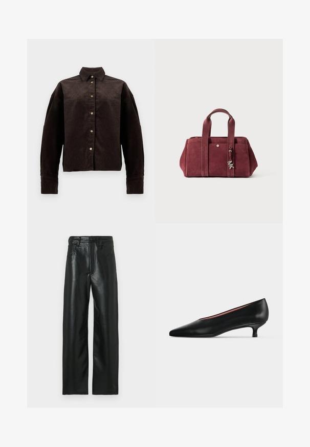 Camisa de pana marrón con cuello de camisa, botones en la parte frontal y mangas largas. Presenta una tela texturizada y un ajuste ligeramente oversize.; Pantalones negros de cuero con corte recto, que cuentan con cierre de botones, trabillas para cinturón y dos bolsillos frontales. Textura suave con un ligero brillo.; Zapato de salón negro de cuero con punta afilada y tacón bajo de estilo "kitten", mostrado de perfil sobre un fondo claro y liso.; Bolso de ante burdeos con dos asas superiores, cierre con cremallera, bolsillo frontal y acentos de charm metálico. Forma rectangular con textura suave.