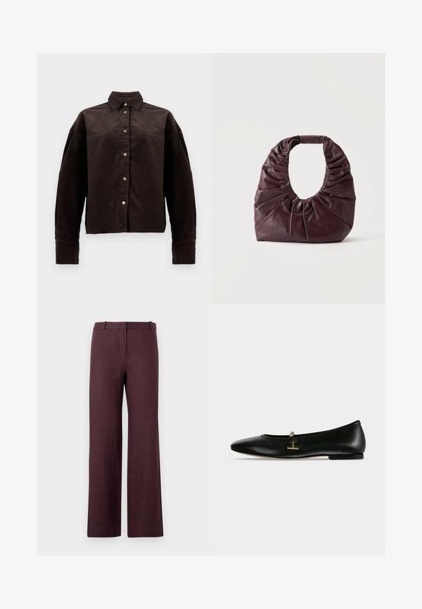 Camisa de pana marrón con cuello de camisa, botones en la parte frontal y mangas largas. Presenta una tela texturizada y un ajuste ligeramente oversize.; Pantalones de pierna recta de color marrón oscuro con pretina y cierre frontal oculto, exhibidos sobre un fondo claro y liso.; Zapato plano de cuero negro con una pequeña cadena dorada y detalle de barra en la parte superior, puntera redondeada y tacón bajo.; Bolso de mano de cuero suave color burdeos oscuro con detalles fruncidos y un asa redondeada, de pie sobre un fondo claro y liso.