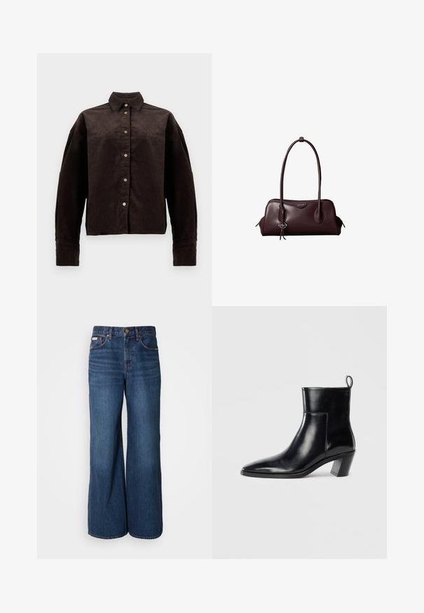 Brun fløjlsskjorte med krave, frontknapper og lange ærmer. Har et struktureret stof og en let oversized pasform.; Bredde jeans lavet af mørkeblåt denim. Funktioner inkluderer en høj talje, fem lommer og kontrasterende orange syninger langs sømmene.; Sort læder ankelstøvle med spids tå, geometrisk stablet hæl og en løftestrop bagpå. Glat tekstur og slankt design.; Mørkebrun lædertaske fra Calvin Klein med lange dobbelte håndtag og en lille logohængende ved det ene håndtag.