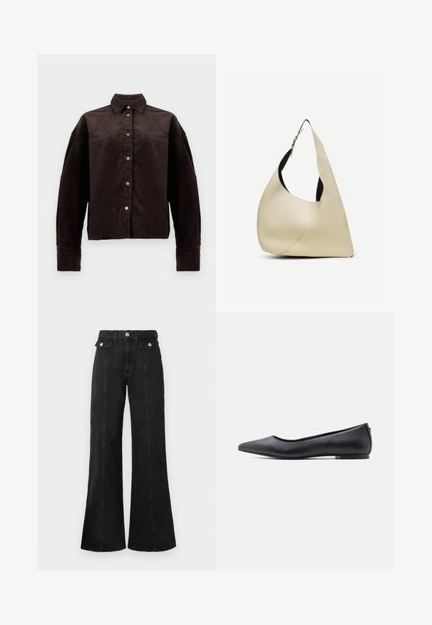 Brun fløjlsskjorte med krave, frontknapper og lange ærmer. Har et struktureret stof og en let oversized pasform.; Sorte denim flared jeans med høj talje, der har to frontlommer, hardware i sølv-tone og synlige sømdetaljer foran.; Sort flad lædersko med spidst tåparti og lav hæl, vist i sideprofil mod en hvid baggrund.; Skuldertaske i cremelærret glat læder med buet trekantet form og justerbar rem med sølvspænde.