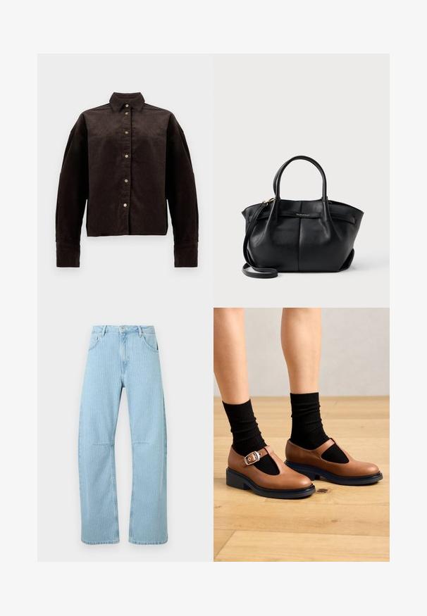 Brun fløjlsskjorte med krave, frontknapper og lange ærmer. Har et struktureret stof og en let oversized pasform.; Lyseblå jeans med vide ben og lodrette hvide nålestriber, foran med knap og lynlås samt to forlommer.; Brune læder Mary Jane sko med T-strop og sølvspænde, der har en sort ribbet sok og en kraftig blå sål.; Sort læderhåndtaske med korte håndtag, aftagelig skulderrem og guld logoaccent. Har et struktureret design og en glat tekstur.
