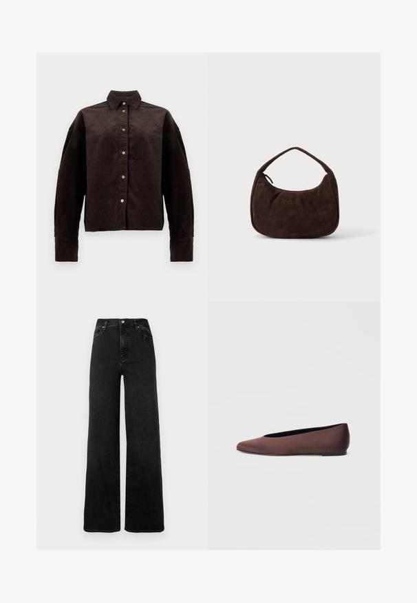Brun fløjlsskjorte med krave, frontknapper og lange ærmer. Har et struktureret stof og en let oversized pasform.; Sorte jeans med vide ben lavet af denim. Høj talje med knaplukning og fem-lomme design. Glat tekstur med minimal falmen.; Brune balletflade sko i stof med spids tå og glat tekstur, med lav hælkappe og tynd sort sål. Ingen synlige mønstre eller beslag.; Mørkebrun ruskindshåndtaske med kort rem og afrundet rektangulær form på en ensfarvet lys baggrund.