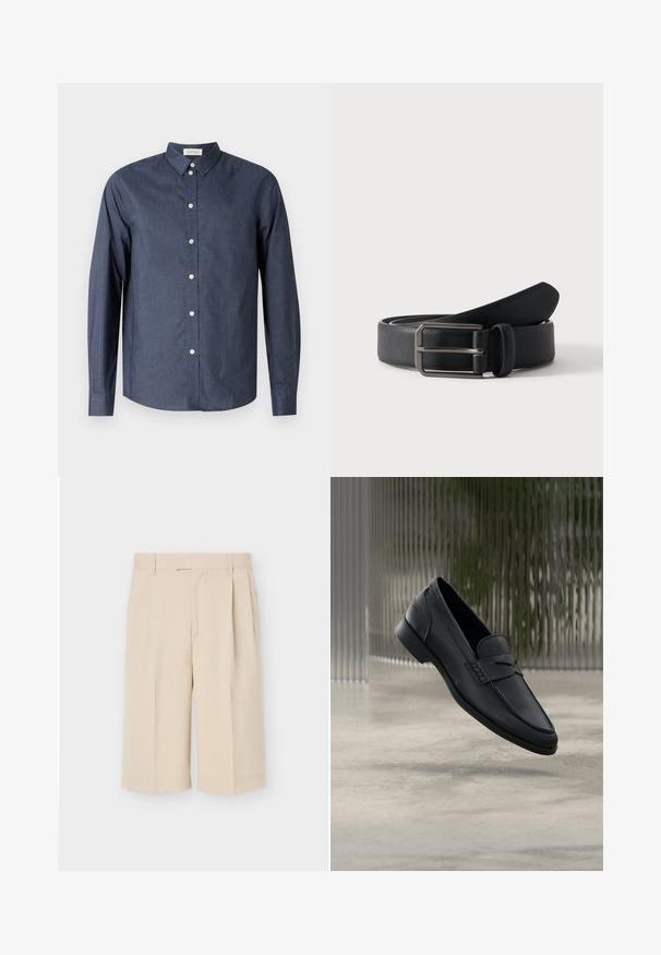 Mørkeblå langærmet skjorte med knaplukning lavet af glat stof; har en klassisk krave, hvide knapper og en buet kant.; Beige knælange skræddersyede shorts med bæltestropper og forreste folder på en ensartet lys baggrund.; Sort læderloafer med glat finish, spids tå og sømdetaljer over vristen. Lav hæl og minimalistisk design.; Sort læderbælte rullet med rektangulært sølvfarvet metalspænde på en ensartet lys baggrund.