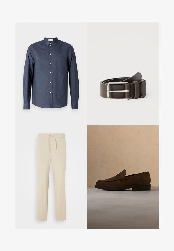 Chemise boutonnée à manches longues bleu marine en tissu lisse ; elle présente un col classique, des boutons blancs et un ourlet incurvé.; Pantalons beiges à taille élastique avec cordon de serrage. Comprend des jambes droites et une texture lisse, adaptés pour un usage décontracté ou pour se détendre.; Mocassin en daim marron avec semelle noire flottant au-dessus d'un tapis beige devant un canapé beige.; Ceinture en cuir marron avec une boucle en métal argenté, présentant une texture lisse et un design simple. Comprend une boucle pour l'ajustement et la fixation.