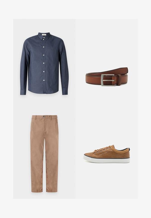 Mørkeblå langærmet skjorte med knaplukning lavet af glat stof; har en klassisk krave, hvide knapper og en buet kant.; TOM TAILOR REGULAR WASHED - Chino - caribou beige; Brune lædersneakers med rund tå, hvid sål og marineblå accenter. Har metaløjer og en tekstureret krave.; Brun læderbælte med en sølv rektangulær spænde, der har diskrete syninger og en glat tekstur.