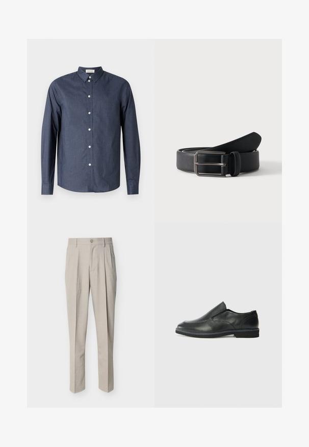 Chemise boutonnée à manches longues bleu marine en tissu lisse ; elle présente un col classique, des boutons blancs et un ourlet incurvé.; Pantalon beige pour hommes, coupe ajustée, avec plis devant, passants pour ceinture, fermeture à bouton, et coupe droite, présenté sur fond blanc.; Chaussure slip-on en cuir noir avec une tige lisse, des accents cousus, un bout arrondi et un petit talon en caoutchouc. La semelle présente un profil de traction minimal.; Ceinture en cuir noir roulée avec une boucle métallique argentée rectangulaire sur un fond clair uni.
