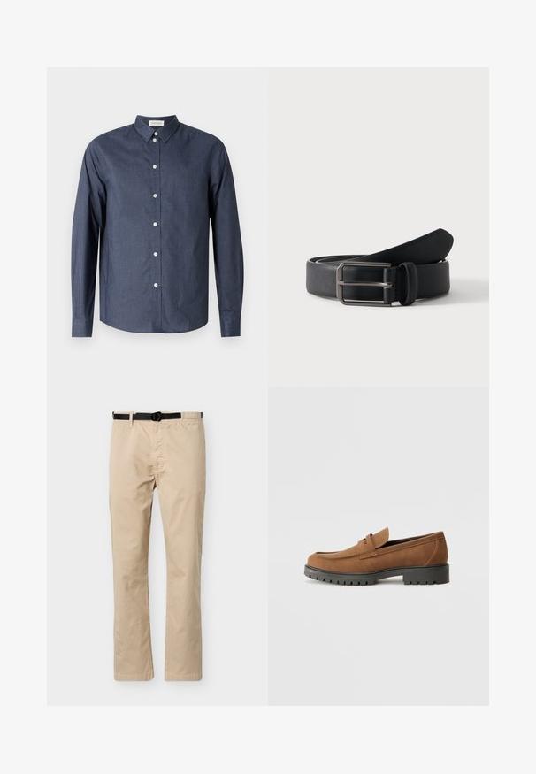 Chemise boutonnée à manches longues bleu marine en tissu lisse ; elle présente un col classique, des boutons blancs et un ourlet incurvé.; Pantalon beige à jambes droites avec ceinture noire ajustable, taille élastique d'un côté et couture décorative à l'avant.; Mocassins en daim marron avec un bout arrondi et une semelle noire en caoutchouc basse, présentant une sangle décorative et des détails de couture sur le dessus.; Ceinture en cuir noir roulée avec une boucle métallique argentée rectangulaire sur un fond clair uni.