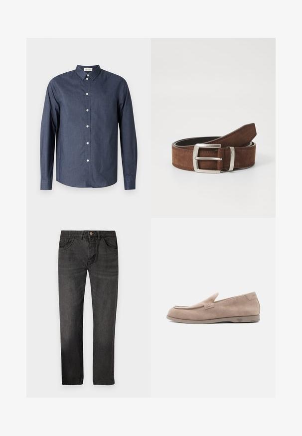 Mørkeblå langærmet skjorte med knaplukning lavet af glat stof; har en klassisk krave, hvide knapper og en buet kant.; Sorte denim jeans med lige pasform, fem lommer og knaplukning. Stoffet har en glat tekstur med en let slidt effekt.; Beige ruskinds-sko med lav hæl, rund tå og minimalistiske syningsdetaljer på hvid baggrund.; Brun ruskindsbælte med en sølvmetalspænde og linær syning. Bæltet er fladt og har en klassisk bredde og form.