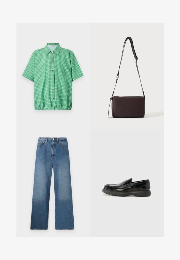 Camisa verde de manga corta con un patrón de cuadrícula, que cuenta con una parte delantera con botones, cuello y un dobladillo inferior elástico para un ajuste relajado.; Jeans de denim azul de pernera ancha con un diseño clásico de cinco bolsillos, cierre frontal con botón y un ligero desgastado para dar textura.; Mocasín de cuero negro con un acabado brillante, punta redondeada, detalles de costura sutiles y una suela de goma gruesa para mayor durabilidad.; Bolso bandolera de cuero marrón oscuro con textura, correa ajustable y pequeño adorno decorativo azul en el lateral.