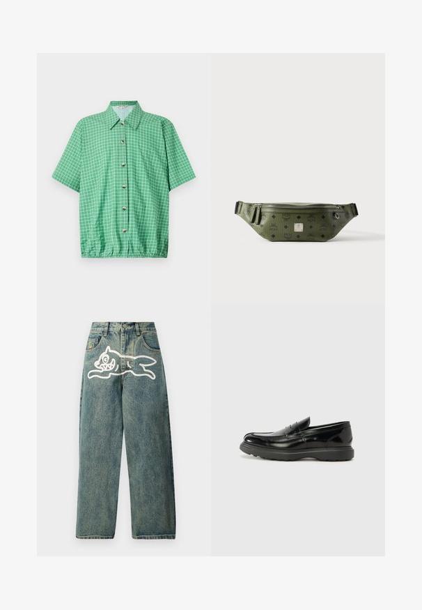 Camisa verde de manga corta con un patrón de cuadrícula, que cuenta con una parte delantera con botones, cuello y un dobladillo inferior elástico para un ajuste relajado.; Jeans de mezclilla de color azul claro con un ajuste holgado, que presentan un gran gráfico de un gato blanco en la pierna izquierda y un diseño tradicional de cinco bolsillos.; Mocasín de cuero negro con un acabado brillante, punta redondeada, detalles de costura sutiles y una suela de goma gruesa para mayor durabilidad.; Bolsa de cintura de cuero texturizado verde oliva con logotipos negros, cremallera plateada, tiradores dobles y placa central de marca en plata.