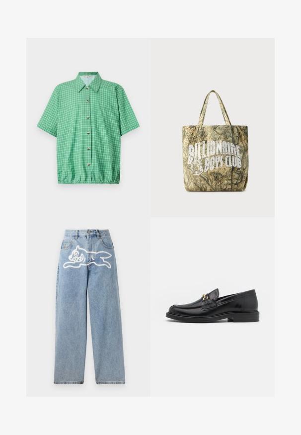 Camisa verde de manga corta con un patrón de cuadrícula, que cuenta con una parte delantera con botones, cuello y un dobladillo inferior elástico para un ajuste relajado.; Vaqueros de mezclilla en azul claro con un corte relajado y de pierna ancha. Presenta un gráfico blanco de un gato corriendo en la parte trasera. Clásico diseño de cinco bolsillos.; Mocasines de cuero negro con punta redondeada, que cuentan con un detalle de herrajes dorados y costuras, situados sobre una suela de goma texturizada y baja.; Bolsa tote con patrón de camuflaje hecha de tela texturizada con dos asas. Cuenta con un logotipo blanco prominente en un lado.