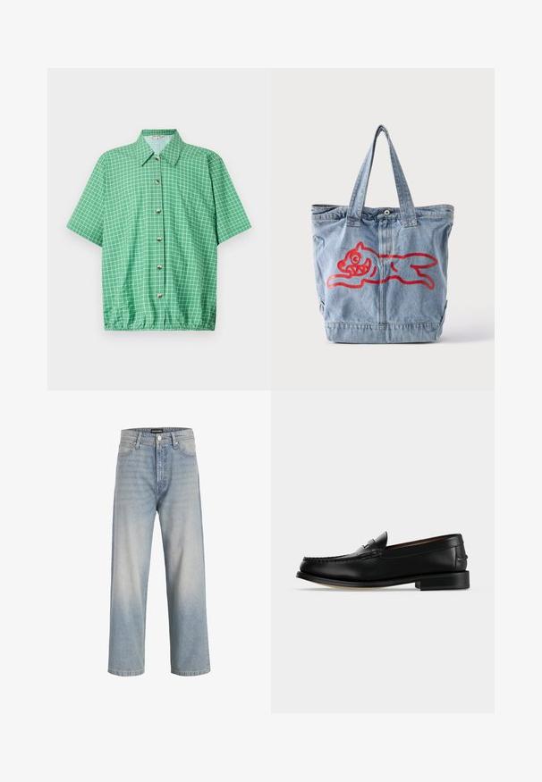 Groen shirt met korte mouwen en een rasterpatroon, voorzien van een knoopsluiting aan de voorkant, een kraag en een elastische onderzoom voor een comfortabele pasvorm.; Lichtblauwe denim jeans met een recht model, vervaagde uitstraling, vijf zakken en een knoopsluiting bij de taille.; Zwarte leren herenloafer met een lage hak en mocassinstiksels op de teen, zijaanzicht op een effen achtergrond.; Lichtblauwe denim draagtas met twee handvatten en een rode omtrek van een rennend cartoonachtig dier aan de voorkant.
