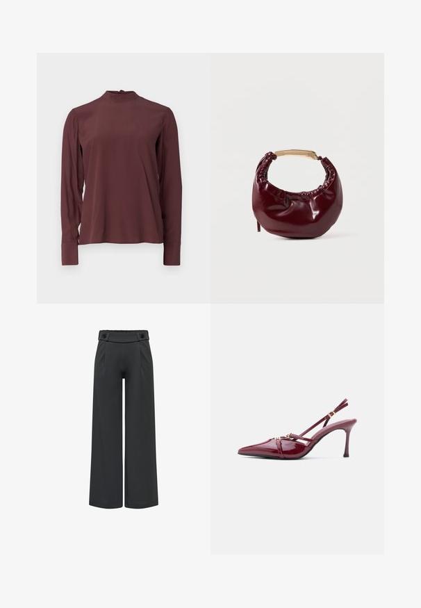 Blouse bordeaux à manches longues avec un col montant, un léger éclat et une fermeture à boutons dans le dos. Tissu lisse et manches ajustées.; Pantalon noir à jambes larges, taille haute et détails de boutons sur la ceinture, la couture avant et l'ourlet droit.; Escarpin slingback bordeaux brillant à talon haut, avec bout pointu et double brides fines ornées de petites boucles dorées.; Sac à main en simili cuir bordeaux avec une forme arrondie, des détails froncés et une anse en métal doré. Texture lisse et finition brillante.