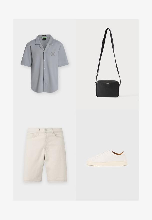 Chemise gris clair à manches courtes avec boutons, col camp et logo circulaire discret sur la poitrine gauche.; Shorts en jean beige longueur genou avec bouton frontal, passants pour ceinture et design à cinq poches sur un fond clair.; Baskets blanches basses avec un design à lacets, des détails de couture minimalistes, et une semelle couleur crème sur un fond gris clair.; Sac bandoulière rectangulaire noir avec sangle réglable et logo BOSS sur le devant, sur un fond clair uni.
