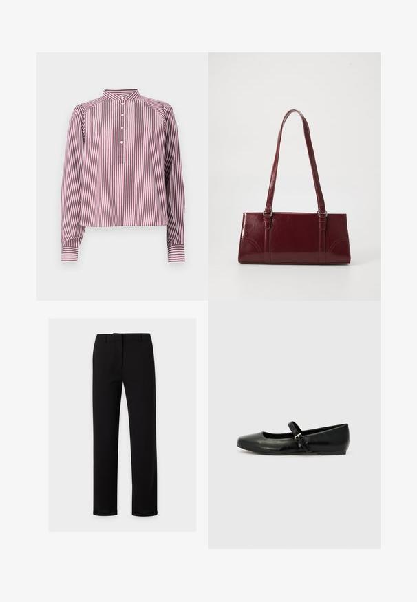 Camisa de manga larga con rayas verticales blancas y burdeos, cuello mao, cuatro botones blancos en la tapeta delantera y puños con botón.; Pantalones negros de corte recto con trabillas para cinturón, cremallera frontal y una cintura lisa, mostrados sobre un fondo claro y liso.; Bailarinas de cuero negro con punta redondeada, suela plana y una delgada correa ajustable en el empeine que cuenta con una hebilla de metal.; Bolso burdeos hecho de material brillante, de forma rectangular, con dos asas para el hombro y sutiles acentos curvados en la parte frontal.