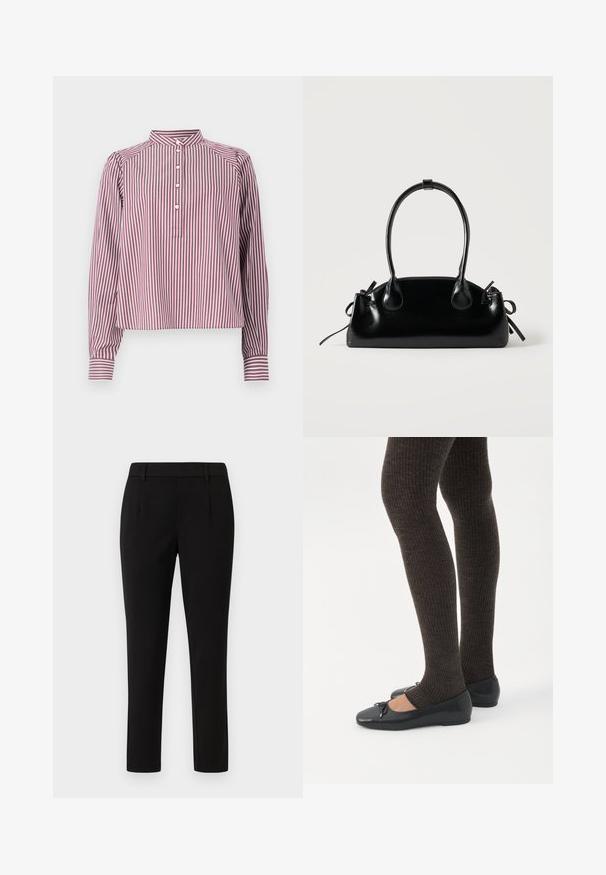 Camisa de manga larga con rayas verticales blancas y burdeos, cuello mao, cuatro botones blancos en la tapeta delantera y puños con botón.; Pantalones negros ajustados con un diseño de pierna recta, confeccionados en tejido suave. Cuentan con una parte delantera plana, presillas para cinturón y sin bolsillos.; Piernas con leggings oscuros acanalados combinados con bailarinas negras que presentan pequeños detalles de lazo sobre un fondo blanco.; Pequeño bolso negro brillante con dos asas largas y detalles de cordón lateral sobre un fondo claro liso.
