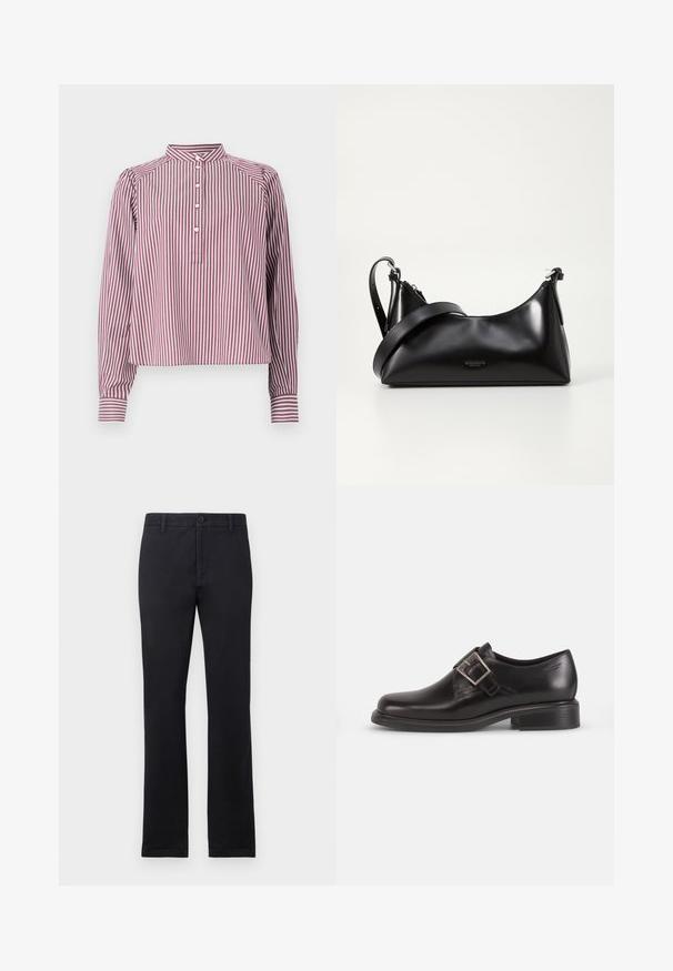 Camisa de manga larga con rayas verticales blancas y burdeos, cuello mao, cuatro botones blancos en la tapeta delantera y puños con botón.; Pantalones negros de pierna recta con presillas, botón frontal y cierre de cremallera, mostrados sobre un fondo blanco liso.; Zapato de vestir de cuero negro con punta redondeada, detalle de hebilla lateral y suela texturizada, sobre un fondo blanco liso.; Bolso de mano de cuero negro con una textura suave. Cuenta con una correa ajustable y un diseño elegante y minimalista con cierre de cremallera.