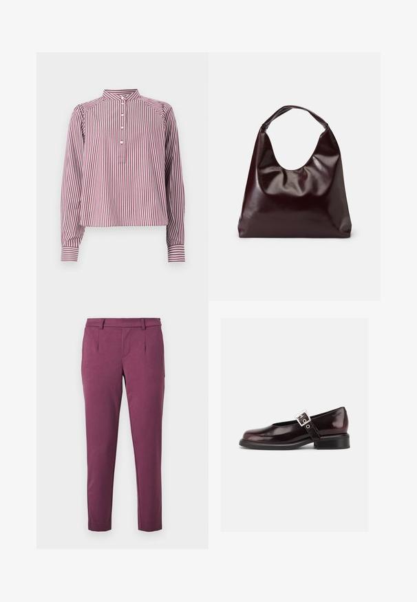 Camisa de manga larga con rayas verticales blancas y burdeos, cuello mao, cuatro botones blancos en la tapeta delantera y puños con botón.; Pantalones rectos de color ciruela con pasadores para cinturón, bolsillos laterales y una cintura ajustada sobre un fondo blanco.; Zapato único Mary Jane brillante de color burdeos oscuro con correa ancha y hebilla plateada, tacón bloque bajo y punta redondeada sobre fondo blanco.; Bolso tote vegan de cuero brillante en burdeos, con una forma suave y escultórica y un asa ancha y curvada para facilitar el transporte.