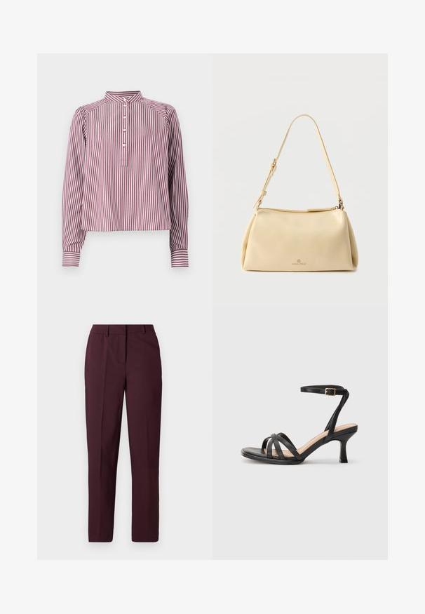 Camisa de manga larga con rayas verticales blancas y burdeos, cuello mao, cuatro botones blancos en la tapeta delantera y puños con botón.; Pantalones rectos color burdeos con una textura suave, con frente plano y sin bolsillos visibles. Diseño confeccionado con un corte clásico.; Sandalias negras de tacón alto con múltiples tiras finas en la parte delantera, una sola tira en el tobillo con un hebilla dorada y punta cuadrada.; Bolso de hombro beige rectangular con correa ajustable y cierre de cremallera, con un pequeño logo "Anna Field" en el centro frontal.