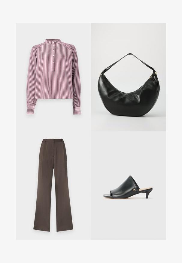 Camisa de manga larga con rayas verticales blancas y burdeos, cuello mao, cuatro botones blancos en la tapeta delantera y puños con botón.; Pantalones de pierna ancha en una tela marrón sólida, con una textura suave, lazos para cinturón, pliegue frontal y sin bolsillos visibles.; Mules de cuero negro de punta abierta con un tacón bajo. Presentan una superficie lisa y un acento del logo dorado en el costado.; Bolso de hombro de cuero negro con una forma curva, textura suave y una sola correa; cuenta con un zipper dorado y un branding sutil.