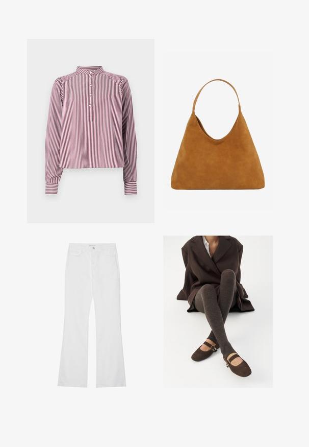 Langschouderhemd met verticale witte en bordeauxrode strepen, mandarin kraag, vier witte knopen op de voorste placket en knoopmanchetten.; Witte flared jeans van katoenen denim, met twee voorzakken, een rits en een metalen knoop. Glad textuur met minimale details.; Bruine geribbelde kniekousen gecombineerd met bruine suède Mary Jane-flats met een decoratieve strap en gesp, gedragen met een donkere jas.; Bruine suède driehoekige schoudertas met enkele riem en een glad, onversierd oppervlak tegen een witte achtergrond.