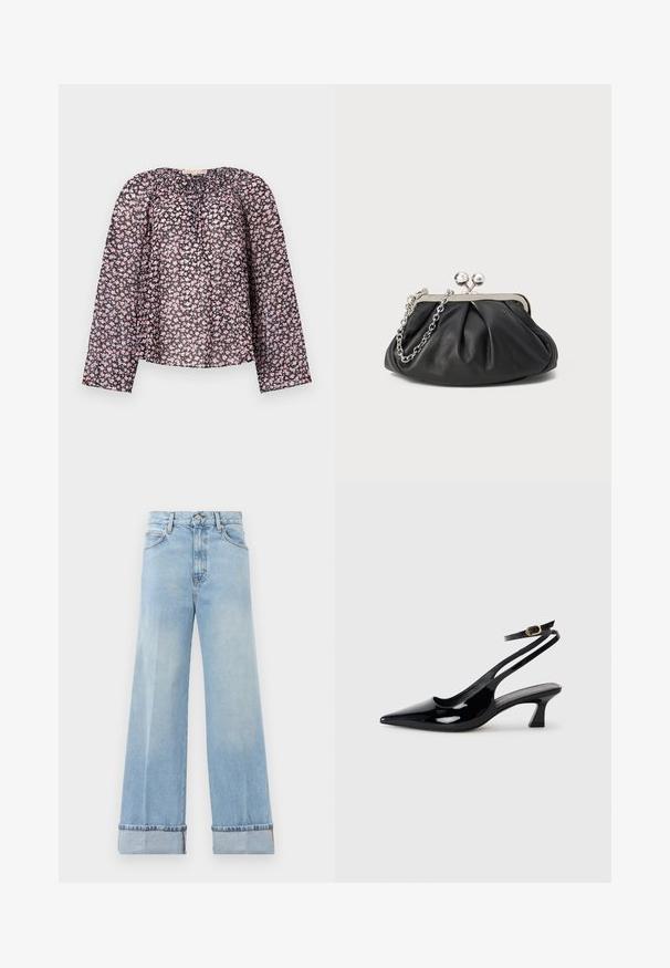 Blusa negra transparente con mangas largas, con un patrón floral de flores rosas y blancas, cuello fruncido y corte holgado.; Jeans anchos de color azul claro hechos de denim, con una cintura alta, dobladillos enrollados y un diseño clásico de cinco bolsillos. Acabado limpio con un desgaste mínimo.; Zapatos de tacón de charol negro con punta afilada, tacón bajo tipo bloque y correa ajustable en el tobillo con un hebilla dorada.; Clutch de cuero negro con textura arrugada, marco de metal en tono plateado, cierre de beso y cadena para colgar. Superficie suave y lisa.