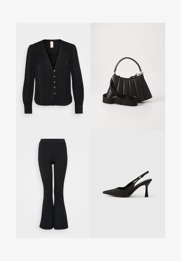 Sort langærmet bluse med V-hals, der har subtile plisseringer, seks dekorative knapper og tætsiddende manchetter. Glat, blød stoftekstur.; Sorte flare leggings lavet af strækbart materiale. Har en høj talje og en glat overflade. Slutter med en flared kant.; Sorte slingback hæle med spids tå, glat mat finish og en slank, blank hæl. Justerbar rem med lille spænde detaljer.; Sort plisseret handbag med et rundet håndtag, justerbar rem og blank overflade. Har sølvfarvet hardware og en struktureret silhuet.