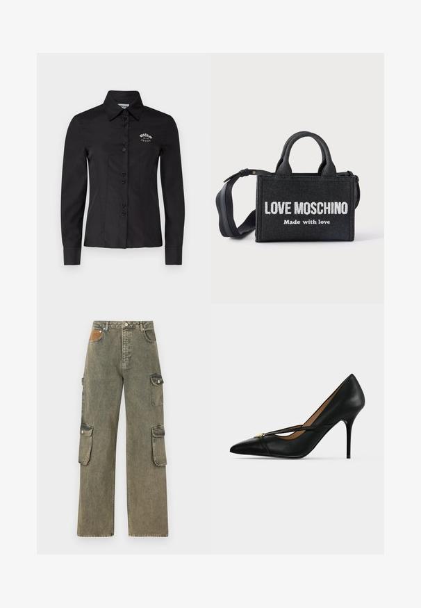 Must kollane särg, mis on sobiva disainiga, pikkae varrukatega ja terava kraega. Omab nööbist avamist ja tikandiga logo rinnal.; Hallituspüksid hallikrohelises denimis, millel on kõrge vöökoht, laiad sääred, kaks külgset cargo taskut ja tekstureeritud beež plekk ees.; Mustast nahast kõrgete kontsadega king terava varbaosaga ja peal hõredalt rihmaga, mis on kinnitatud väikese kuldse pandlaga ühevärvilisel taustal.; Must ristküliku kujuga käekott lühikeste käepidemete ja reguleeritava õlarihmaga, valge tekstiga "LOVE MOSCHINO Made with love" esiküljel.