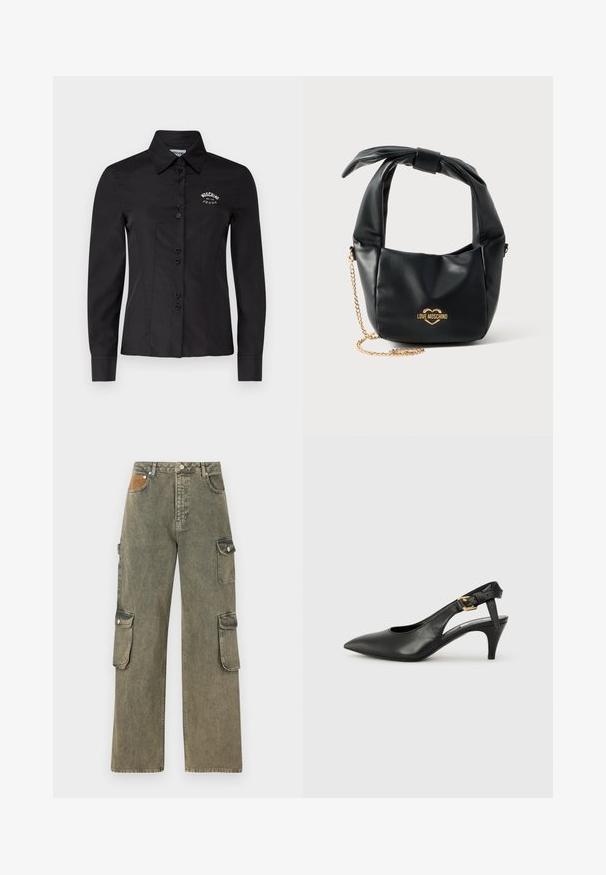 Must kollane särg, mis on sobiva disainiga, pikkae varrukatega ja terava kraega. Omab nööbist avamist ja tikandiga logo rinnal.; Hallituspüksid hallikrohelises denimis, millel on kõrge vöökoht, laiad sääred, kaks külgset cargo taskut ja tekstureeritud beež plekk ees.; Must musträkkidega must nahast slingback-kontsaking, millel on terav nina, väike konts ja pandla detail pahkluu rihmal. Sile tekstuur, minimalistlik disain.; Mustast pehmest nahast Love Moschino käekott sõlmitud sangaga ja kuldse kettidega rihmaga valgel taustal.