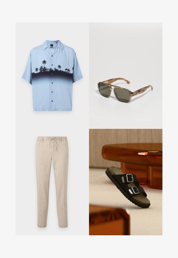 Chemise à manches courtes boutonnée bleu clair avec des silhouettes noires de palmiers et de huttes sur la poitrine et le haut du torse.; Pantalon beige à coupe ajustée avec taille à cordon, passants pour ceinture et poches latérales, présenté à plat sur un fond blanc.; Sandale noire avec deux boucles argentées et semelle intérieure en liège flottant au-dessus d'un tapis beige, avec un mobilier ambre translucide en arrière-plan.; BOSS Lunettes de soleil - brown