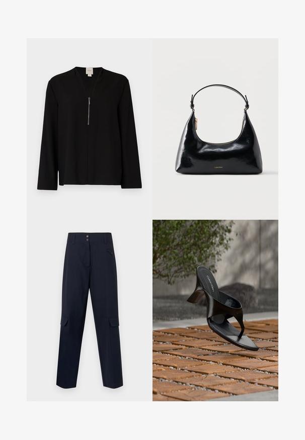Haut noir à manches longues avec une conception en V, doté d'une fermeture éclair à l'avant et d'une texture lisse. Silhouette simple et ajustée.; Pantalons cargo de la marine, fabriqués en matériau tissé, comprenant deux poches latérales, une fermeture à bouton et un design à jambe droite.; Sandale à talon noire Calvin Klein en forme de tongs flottant au-dessus d'une surface extérieure carrelée avec de la verdure et un mur en béton en arrière-plan.; Sac à main Calvin Klein noir brillant avec fermeture éclair dorée et anse courte sur fond blanc uni.