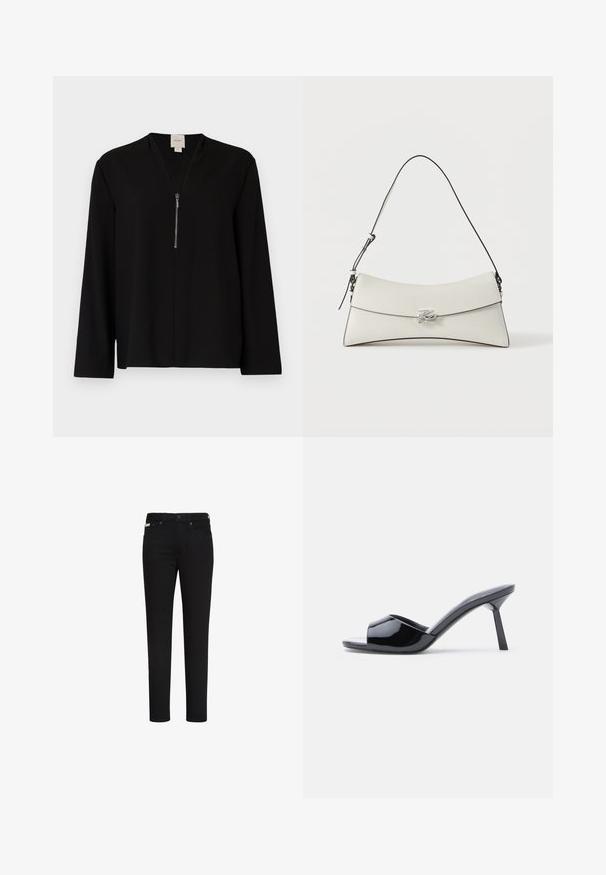 Haut noir à manches longues avec une conception en V, doté d'une fermeture éclair à l'avant et d'une texture lisse. Silhouette simple et ajustée.; Jean noir slim avec bouton et fermeture éclair à l’avant, avec poches avant et arrière et une petite étiquette sur la poche avant droite.; Sandales à talons ouverts en cuir verni noir, avec un design supérieur incurvé et un talon aiguille effilé. Finition lisse et brillante.; Sac à bandoulière en cuir blanc avec rabat incurvé, bordure noire, sangle réglable et boucle décorative argentée sur fond uni.