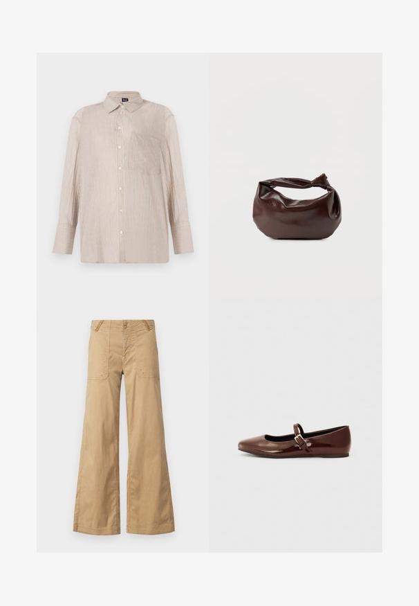 Gestreept overhemd in beige met witte en blauwe lijnen, met een kraag en een borstzak; lange mouwen met knoopsluiting.; Beige wijde broek van katoen met twee voorzakken, dubbele knopen in de taille en een eenvoudige ontwerp.; Bruine gepatineerde leren balletschoen met een vierkante neus en een bandje met een kleine gouden gesp. Gladde textuur, lage hak en minimalistisch ontwerp.; Donkerbruine leren schoudertas met een zachte, slungelige vorm en een gedraaide knoopvormige handgreep op een effen witte achtergrond.